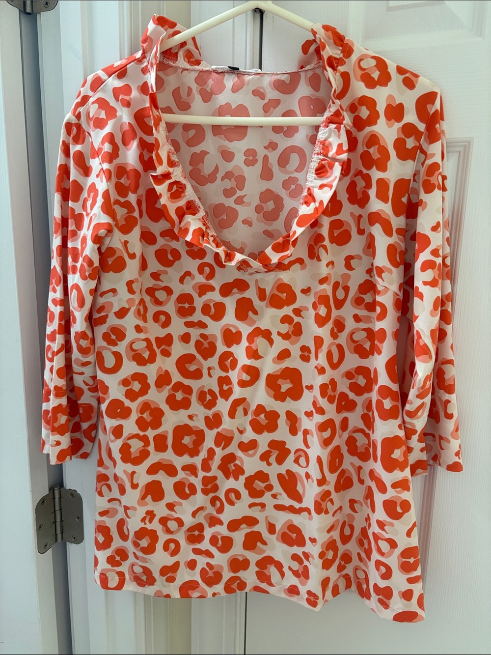 Ruffle V-Neck Leopard Print Blouse in Orange